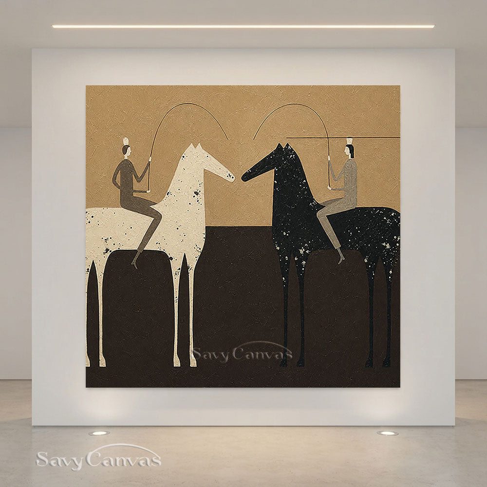 Handmade Abstract Folk Art Two Horses Beige Oil Painting #ZC 013