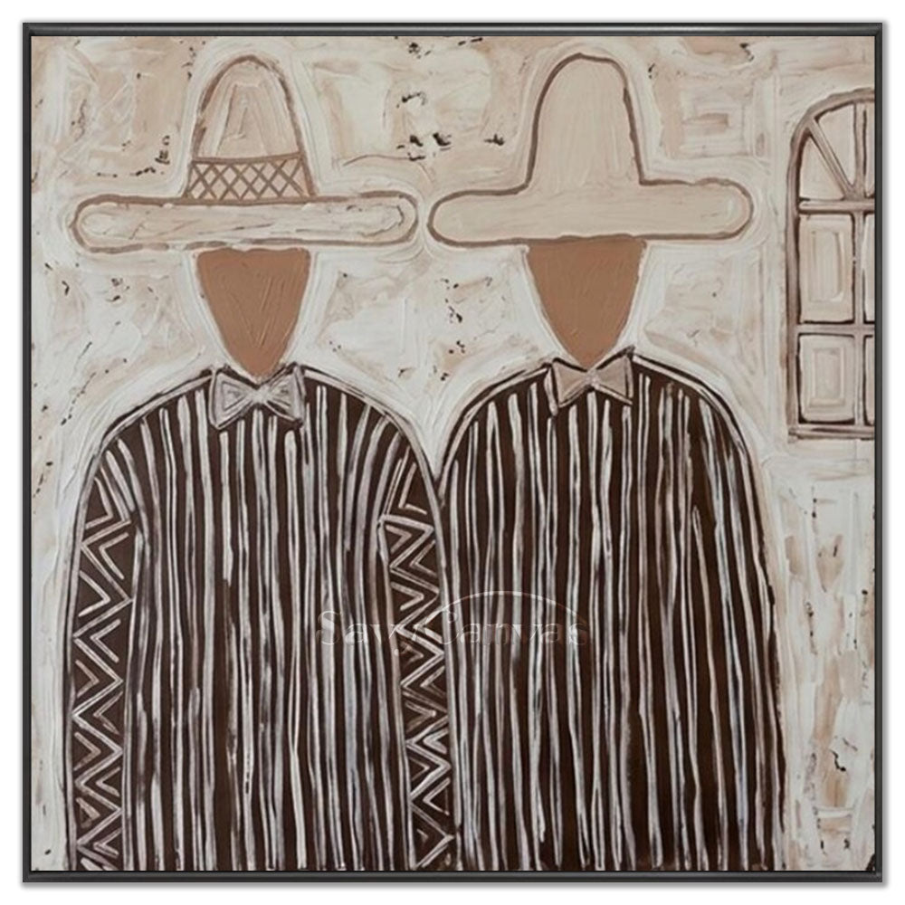 High-quality handmade abstract modern oil painting depicting two symmetrical cowboys in wide-brimmed hats and striped brown ponchos, rendered in heavy textured impasto swirls.
