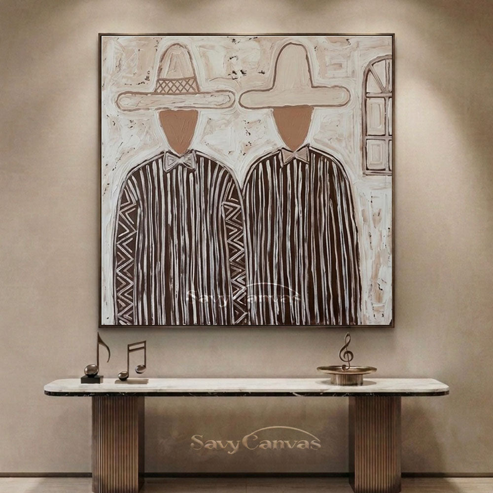 Handmade Modern Abstract Two Cowboys Brown Oil Painting #ZC 014