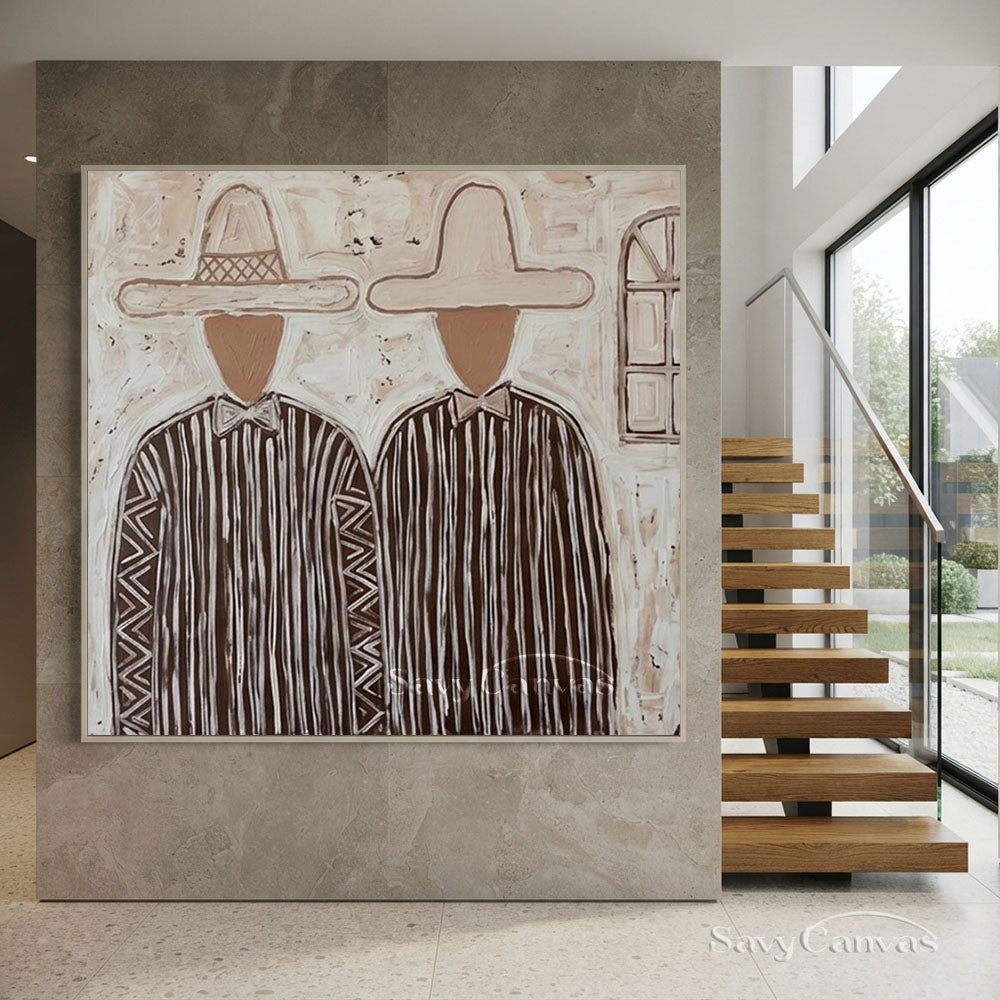 Handmade Modern Abstract Two Cowboys Brown Oil Painting #ZC 014