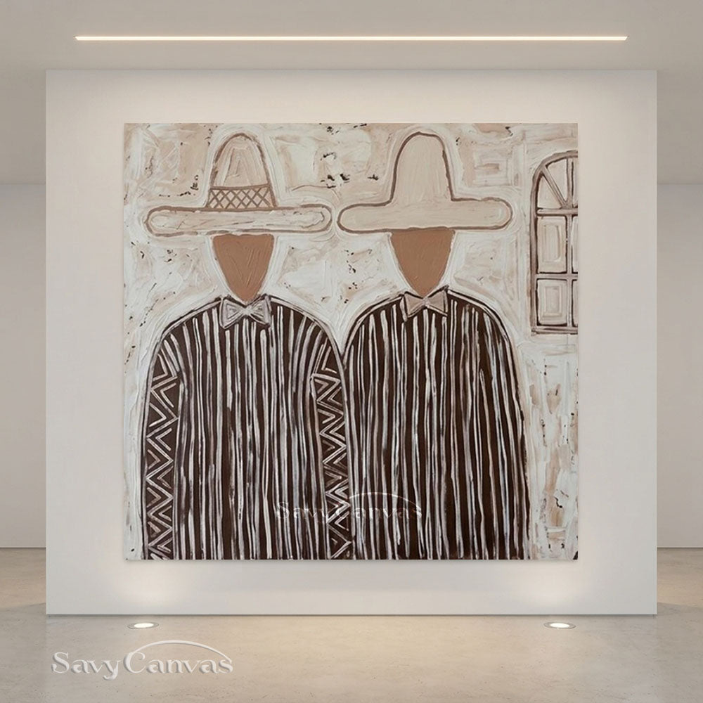 Handmade Modern Abstract Two Cowboys Brown Oil Painting #ZC 014