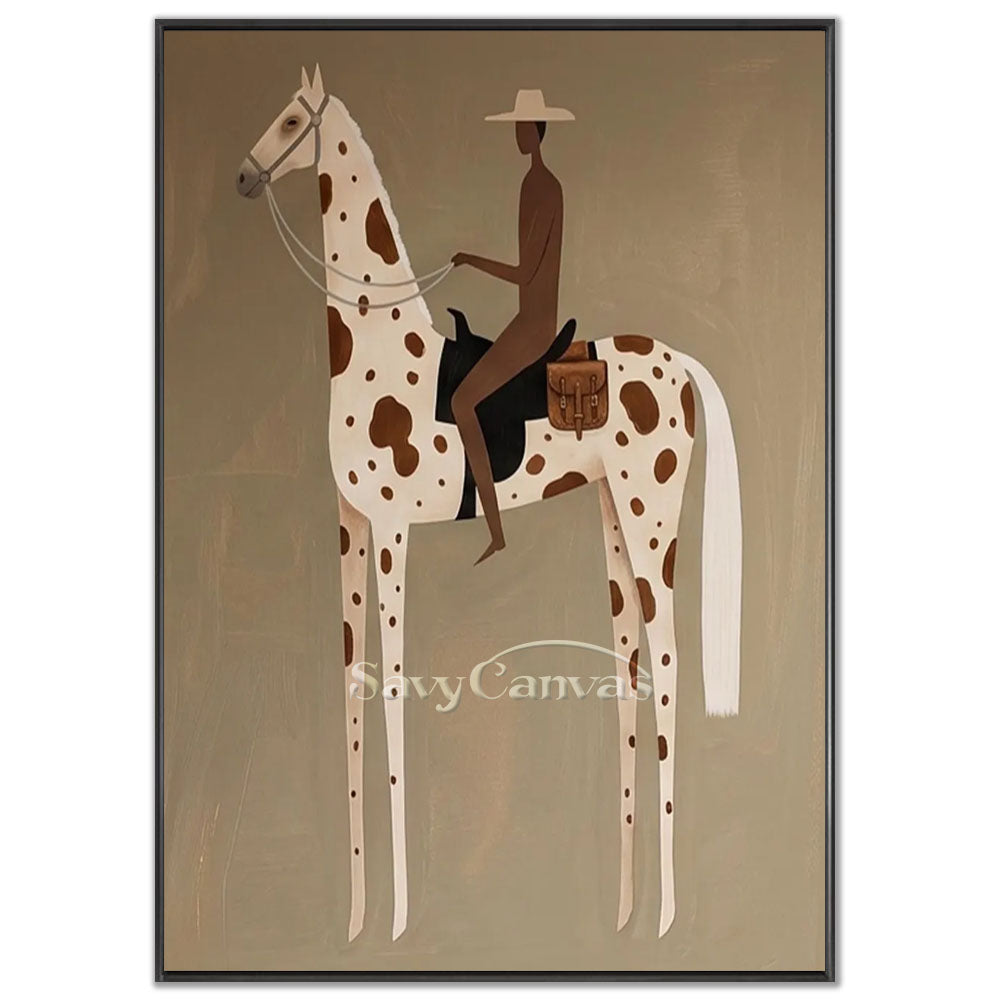 A 100% handmade modernist oil painting with a smooth background in warm khaki brown tones, featuring a highly stylized geometric abstract portrait of a slender, faceless rider wearing a light-colored wide-brimmed hat, sitting atop an elegantly elongated cream-colored horse adorned with brown polka dots, a black saddle, and a brown leather bag.