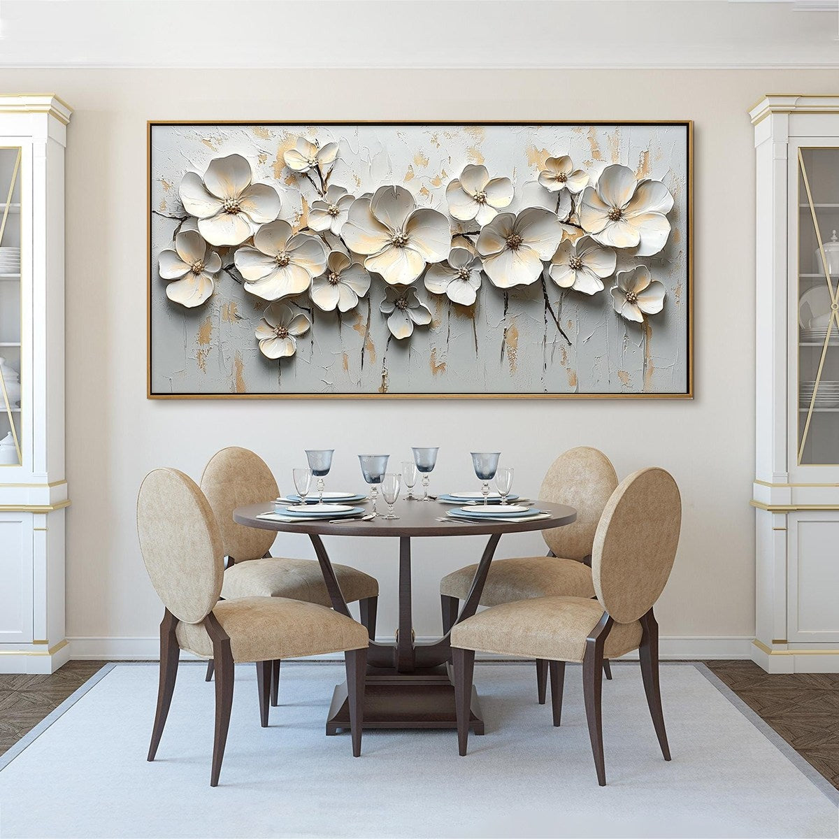 Abstract Cherry Blossom Art | 3D White & Gold Painting