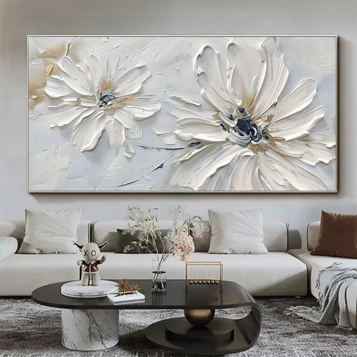 White and Gold Flower Painting | Luxury 3D Floral Wall Art