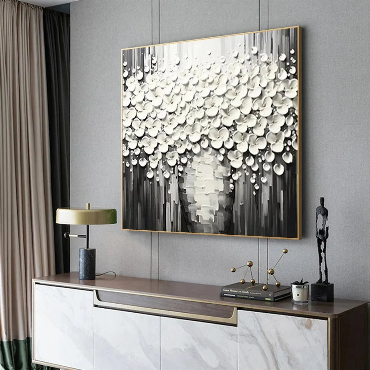 Abstract Flower Cascade Painting | 3D Textured B&W Art #AA 178