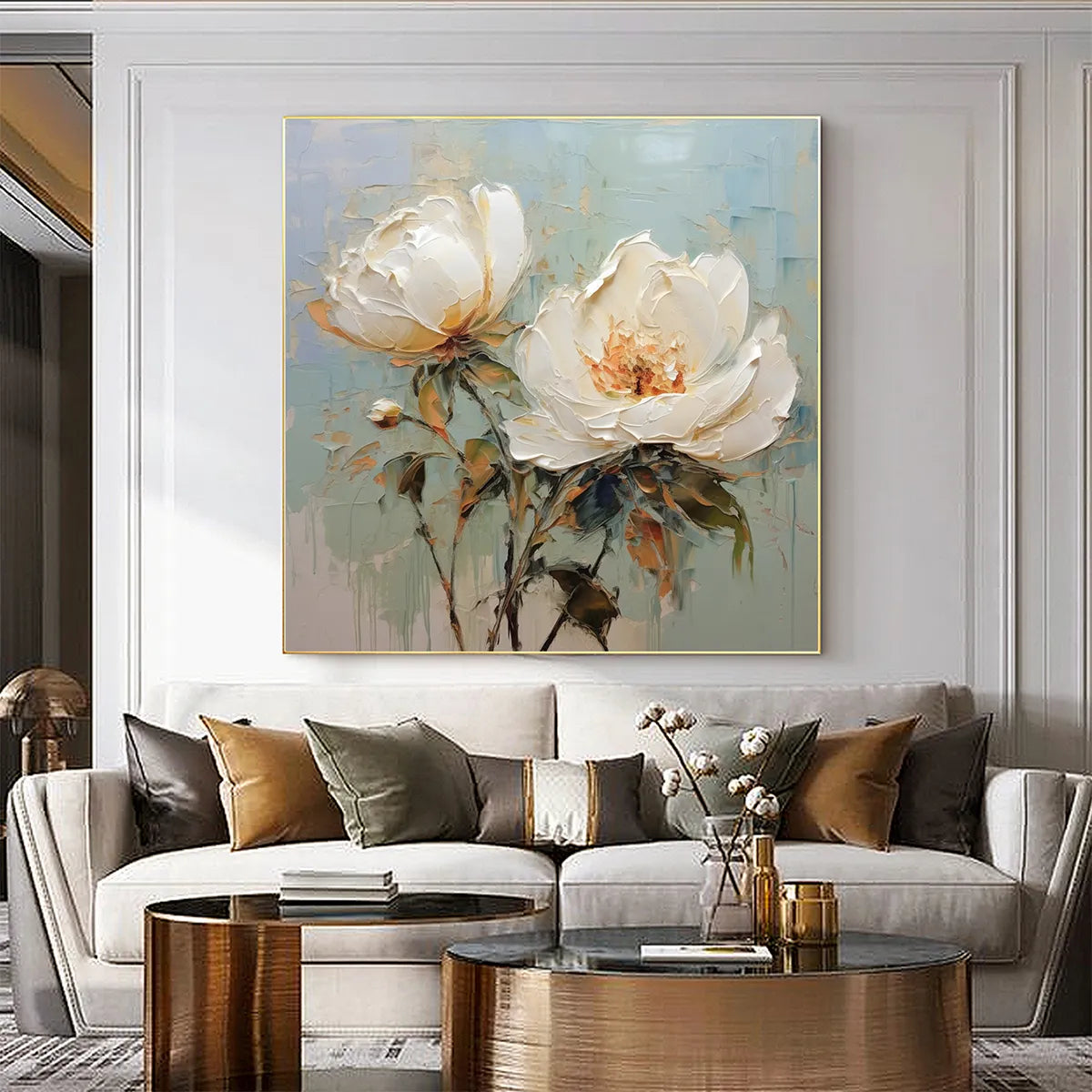 White and Gold Floral Painting | Luxury 3D Wall Art