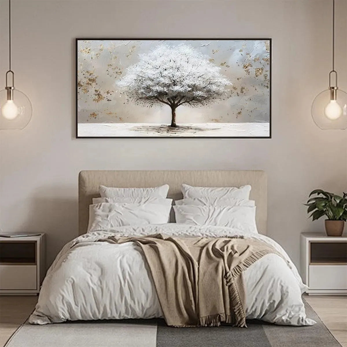 Large White Tree Canvas Wall Art with Gold Foil | Abstract Landscape #AA 382