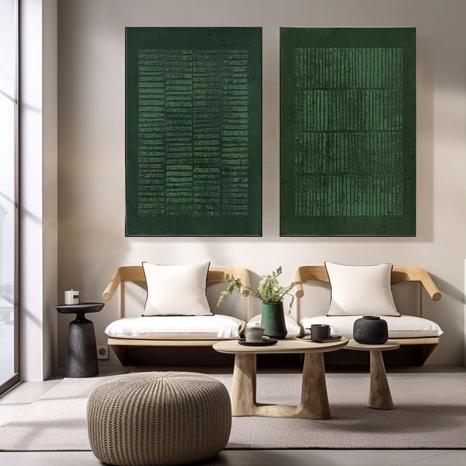 Large Minimalist Green Textured Painting Diptych for Living Room
