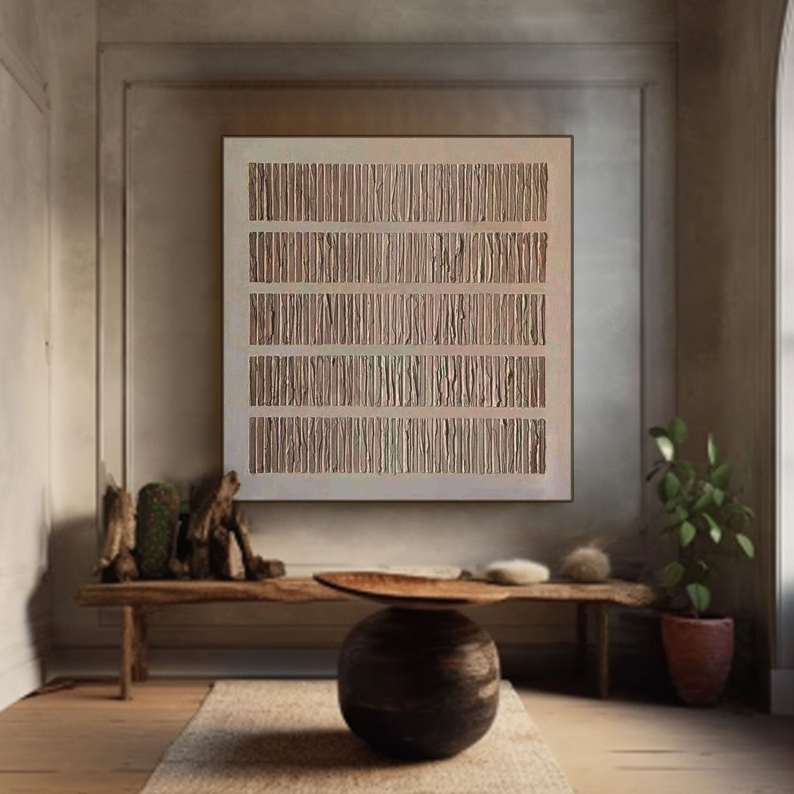 Minimalist Textured Wall Art, Large Square Painting in Brown & Beige