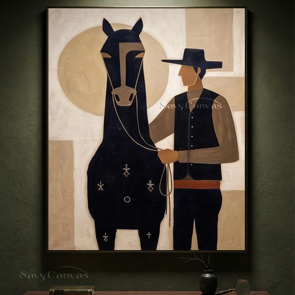 Western Abstract Cowboy & Horse Modernist Oil Painting #SS 255