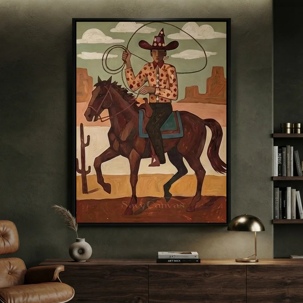 Handmade Folk Western Cowboy Oil Painting #SS 344