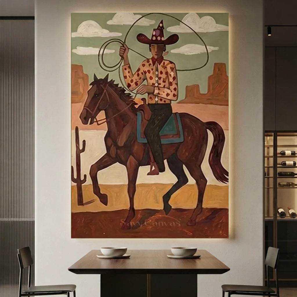 Handmade Folk Western Cowboy Oil Painting #SS 344