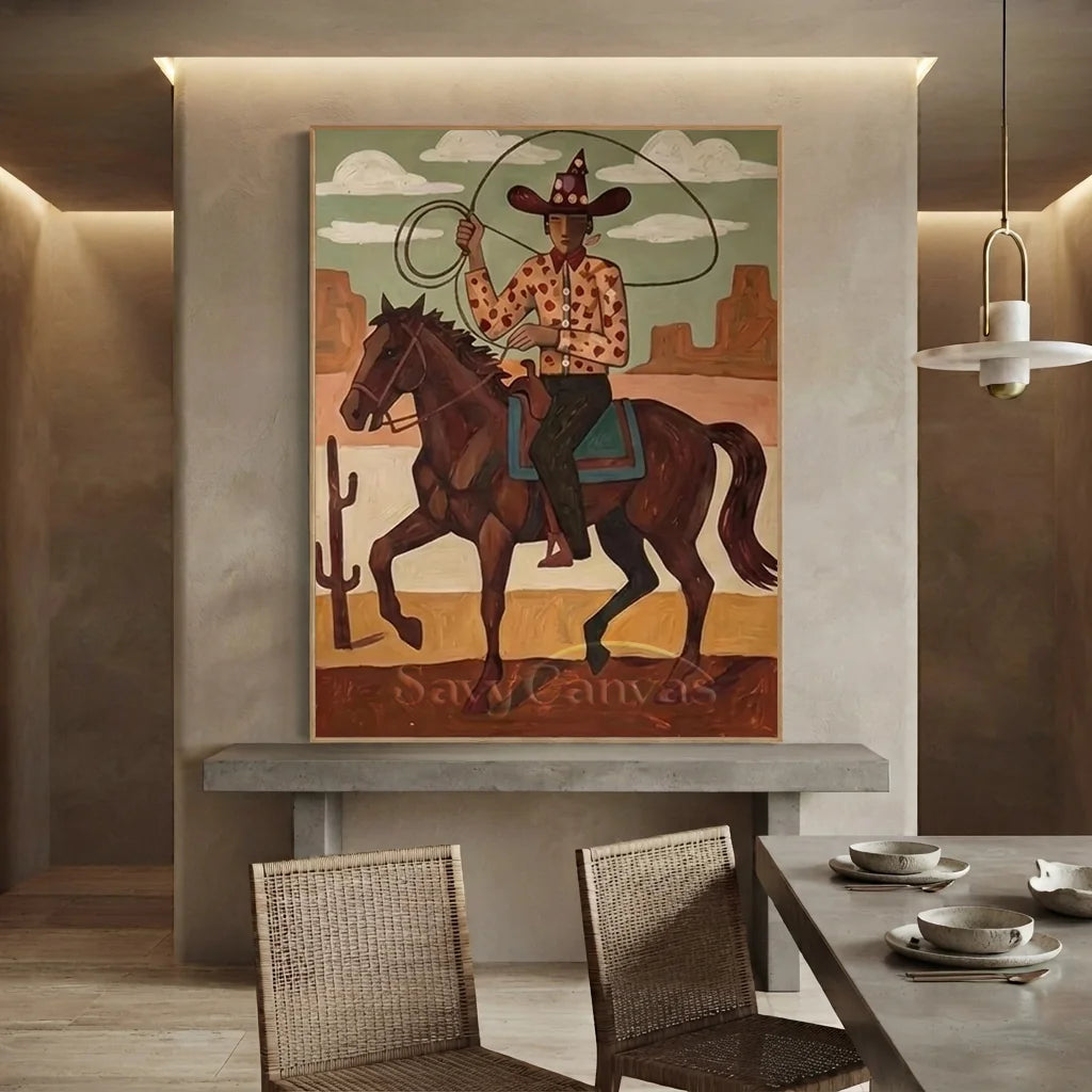 Handmade Folk Western Cowboy Oil Painting #SS 344