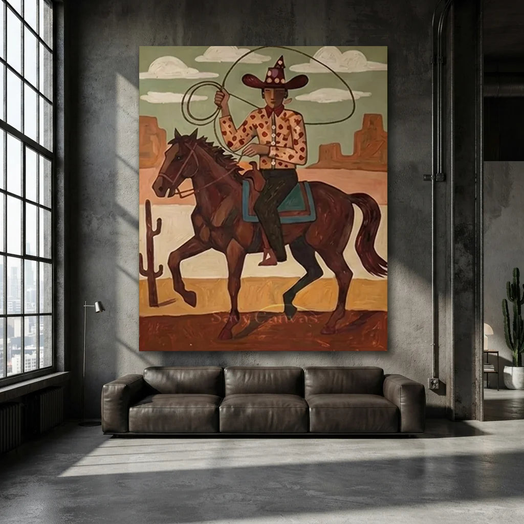 Handmade Folk Western Cowboy Oil Painting #SS 344