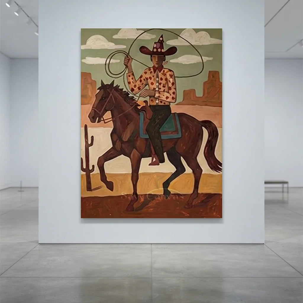 Handmade Folk Western Cowboy Oil Painting #SS 344