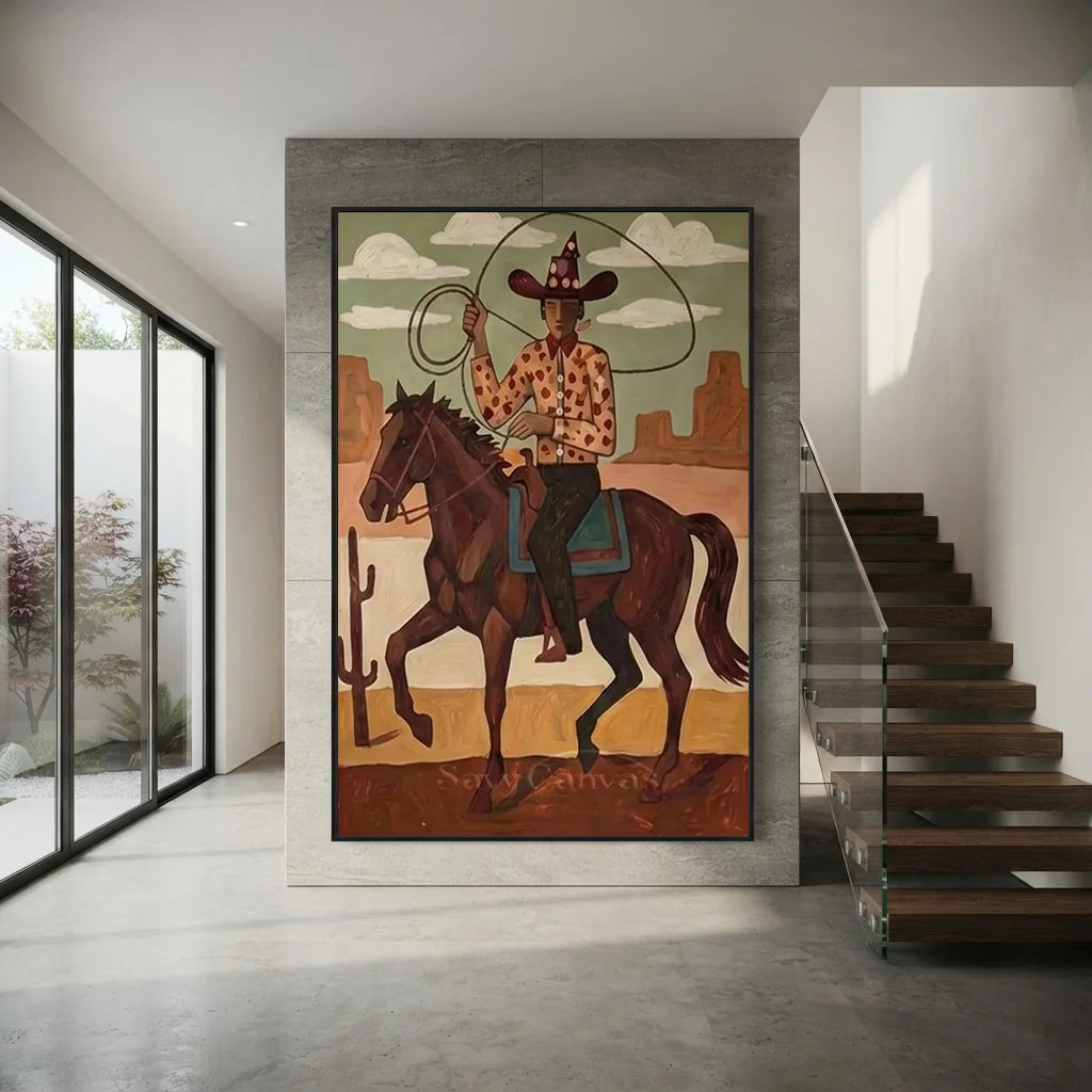Handmade Folk Western Cowboy Oil Painting #SS 344