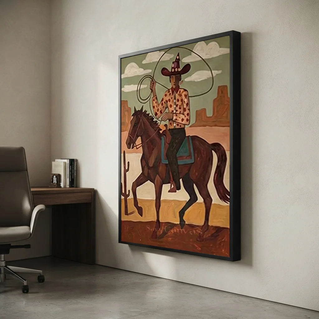 Handmade Folk Western Cowboy Oil Painting #SS 344