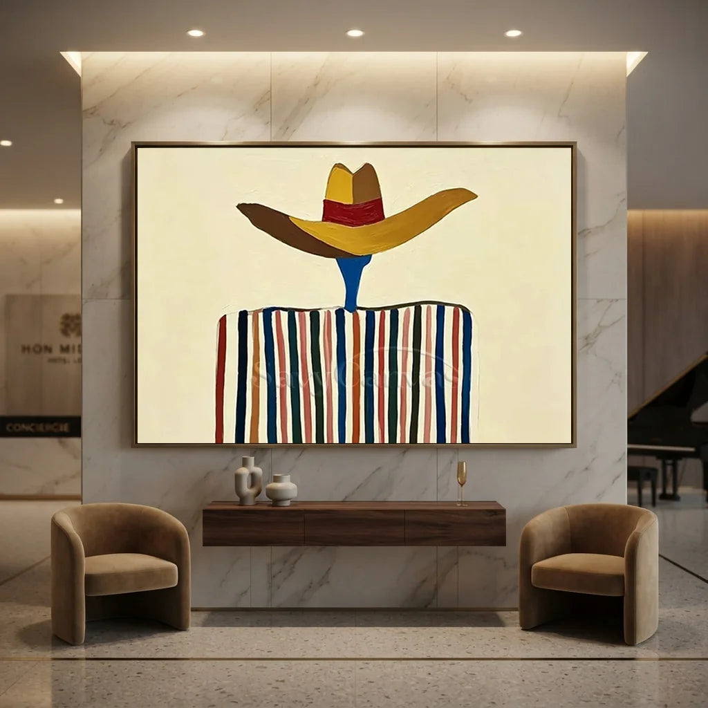 Handcrafted expressionist heavy textured oil painting in a black frame featuring a stylized western figure in a colorful striped poncho and cowboy hat against a neutral background, ideal for modern living room or office wall decor.