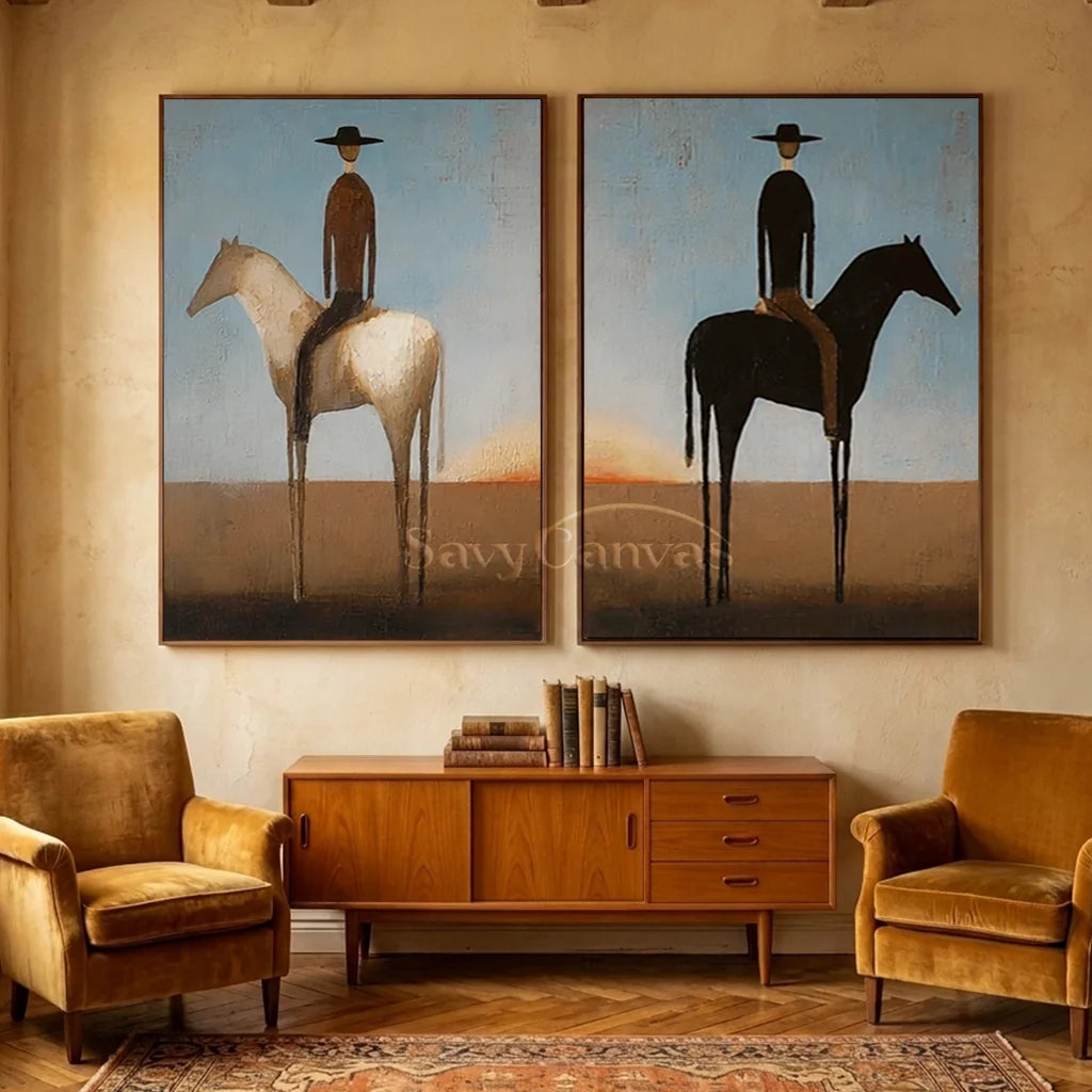 Handcrafted expressionist oil painting set featuring two panels with stylized horses and riders against a minimal twilight landscape, displayed above a modern wooden sideboard.