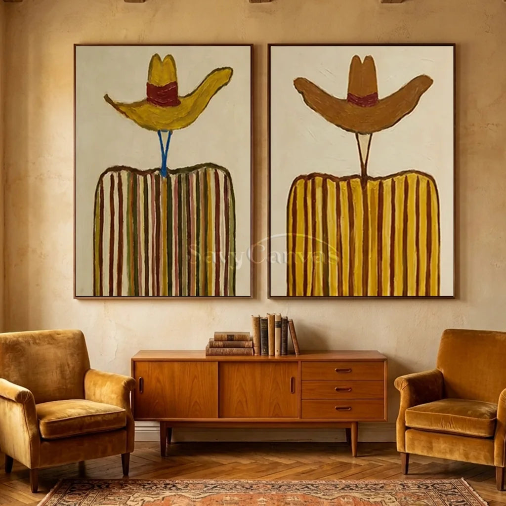 Handcrafted expressionist oil painting set in black frames featuring two panels with stylized cowboy hats and striped ponchos in earthy tones, ideal for modern living room wall decor.