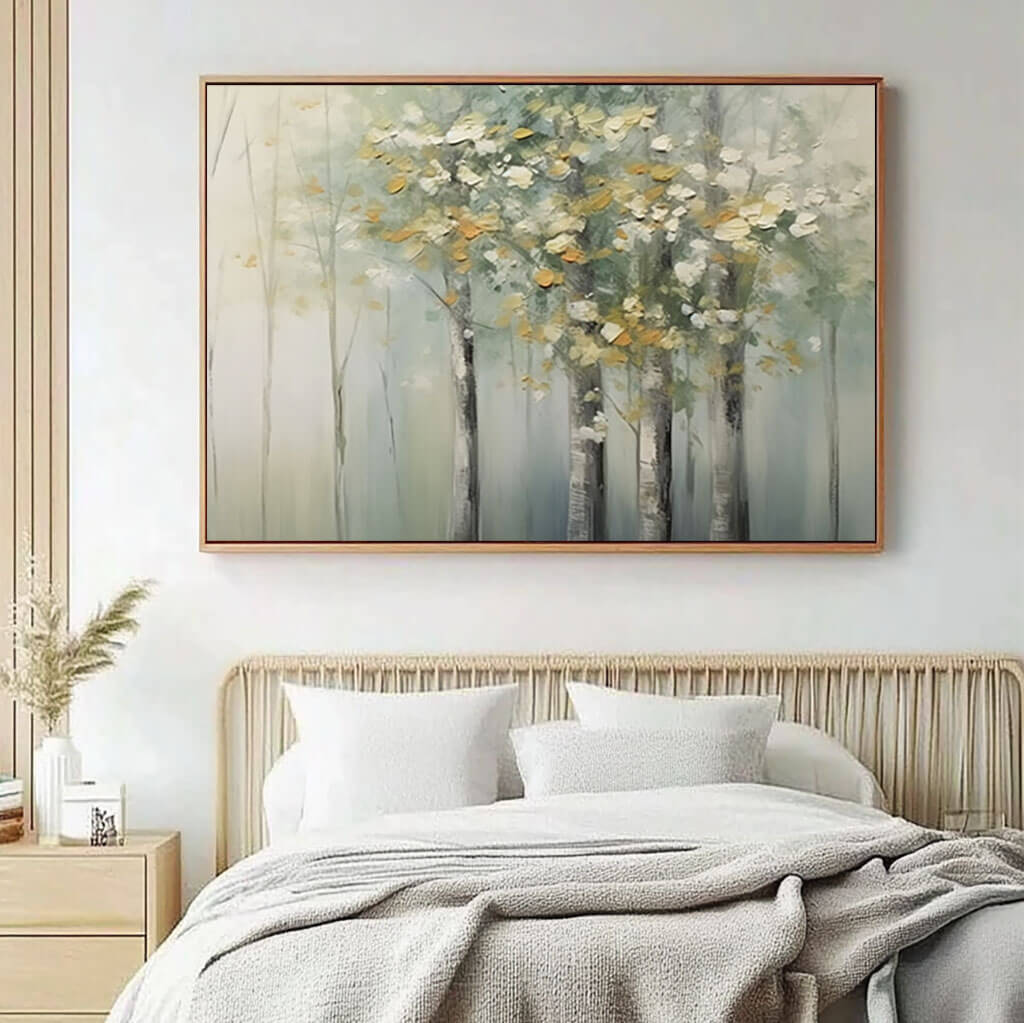 Serene Forest Painting | Peaceful Misty Birch Tree Wall Art