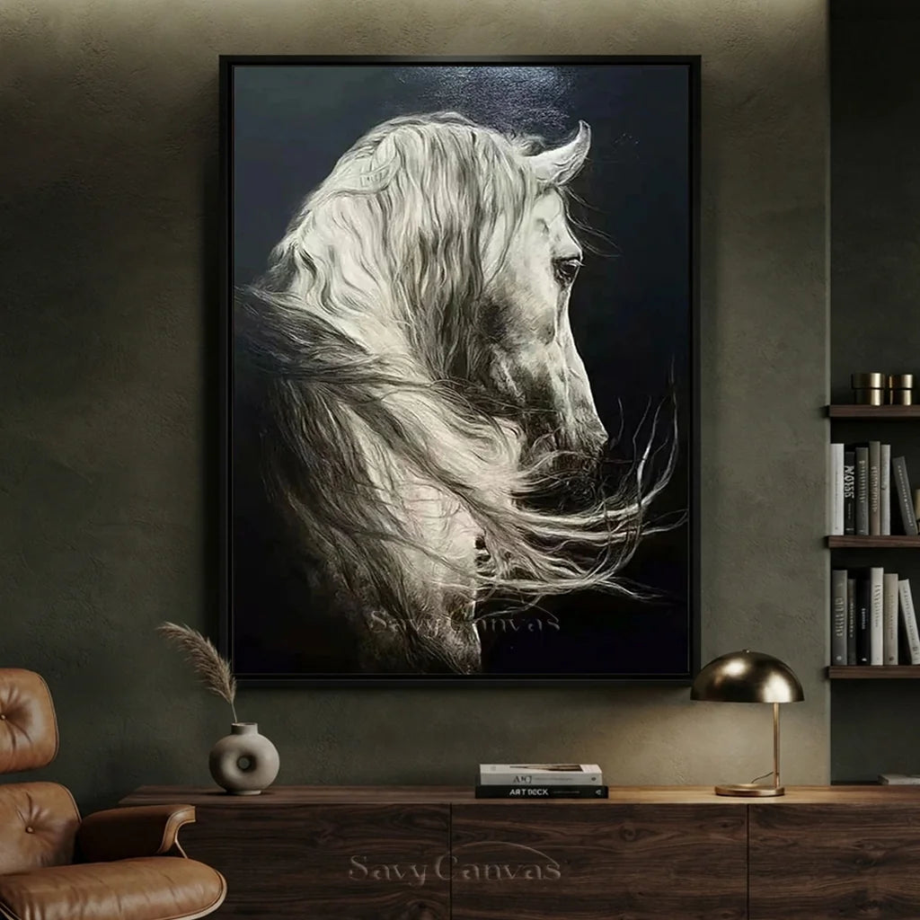 White Horse Oil Painting | Large Black & White Equine Art #ZZ 017