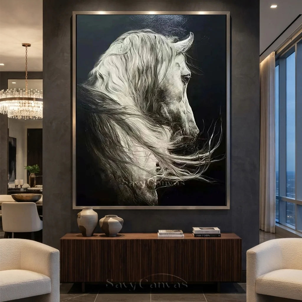 White Horse Oil Painting | Large Black & White Equine Art #ZZ 017