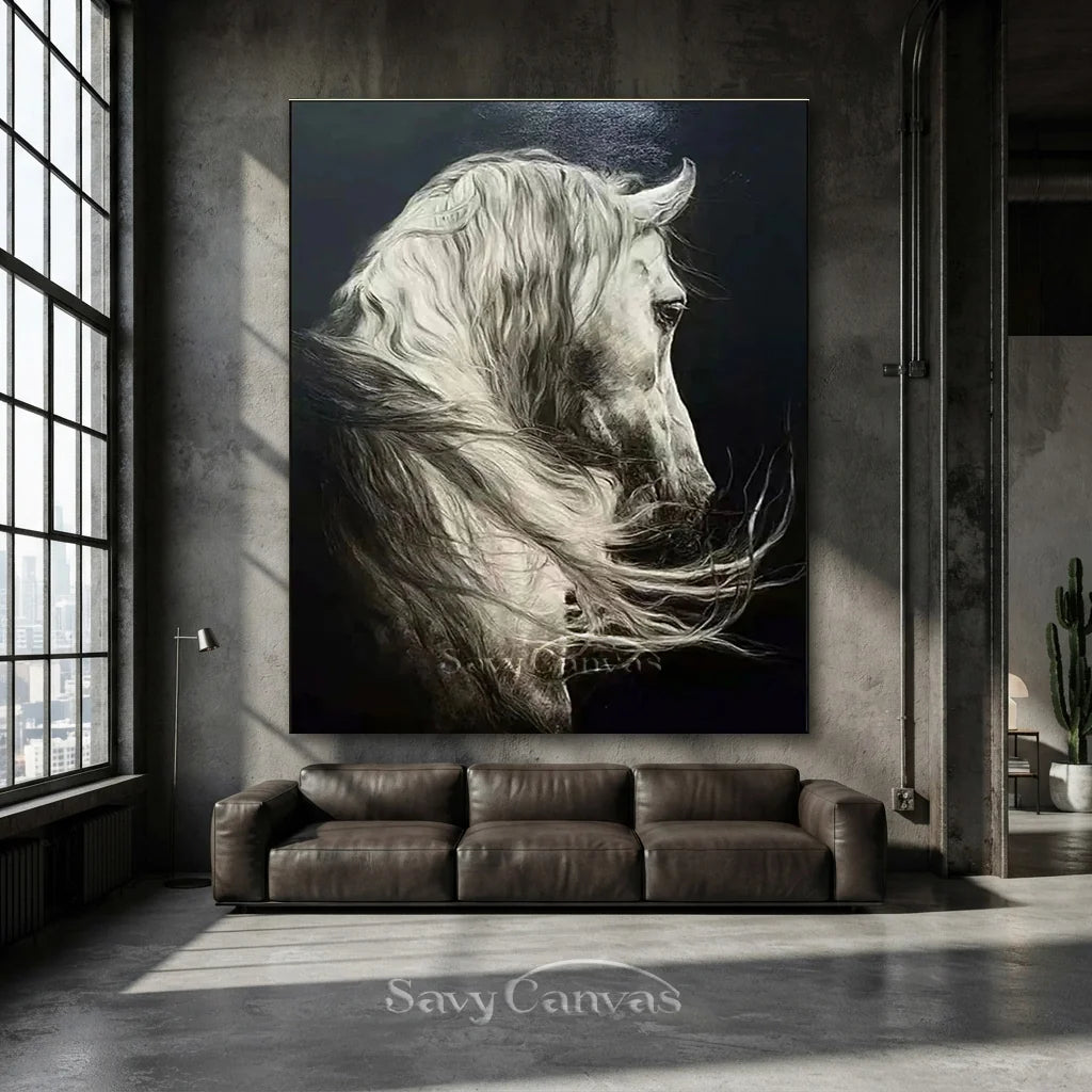 White Horse Oil Painting | Large Black & White Equine Art #ZZ 017