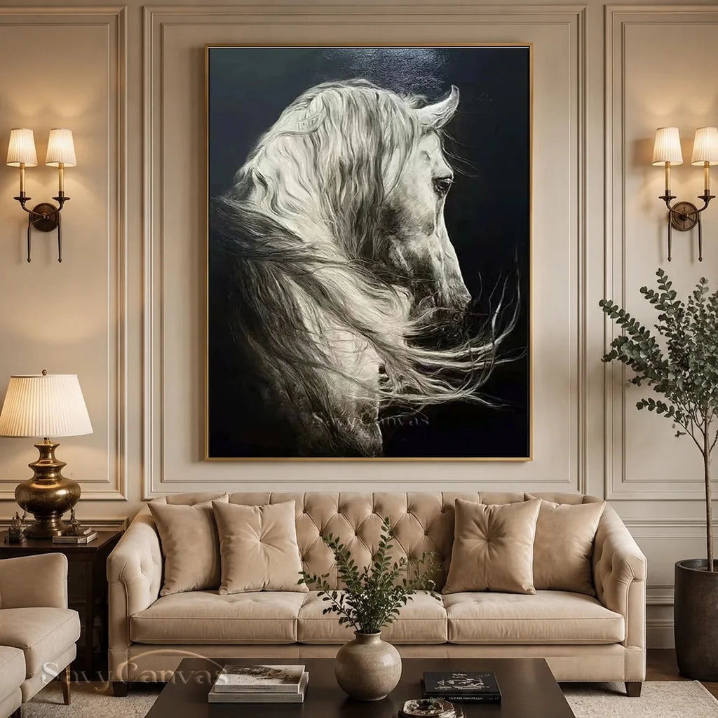 White Horse Oil Painting | Large Black & White Equine Art #ZZ 017