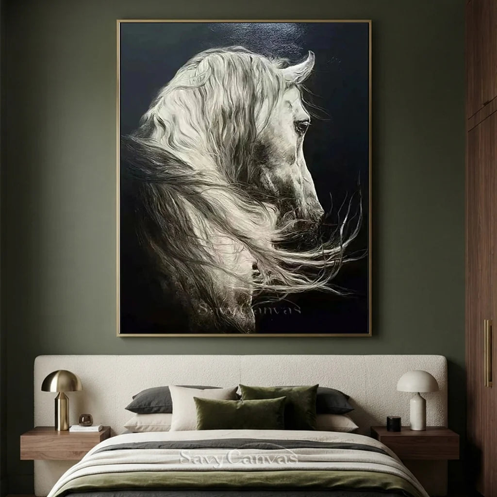 White Horse Oil Painting | Large Black & White Equine Art #ZZ 017