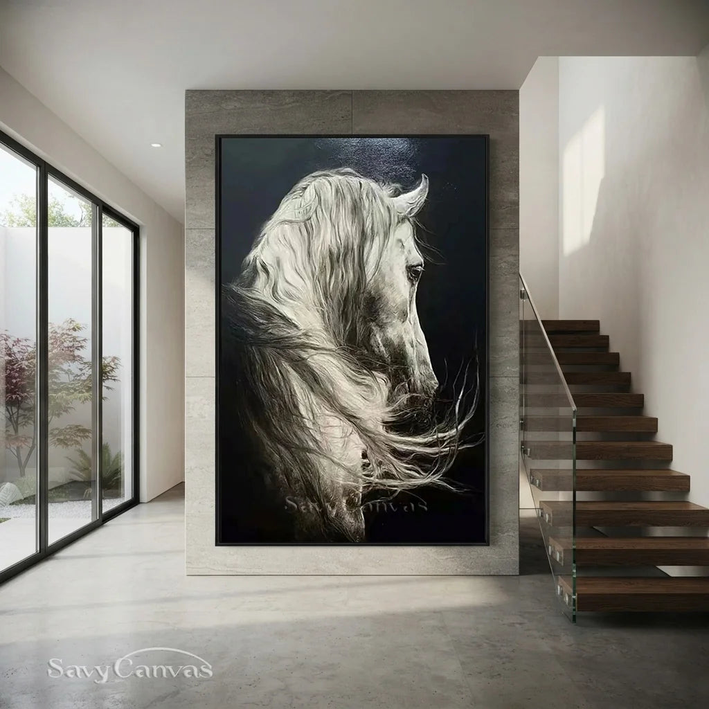 White Horse Oil Painting | Large Black & White Equine Art #ZZ 017