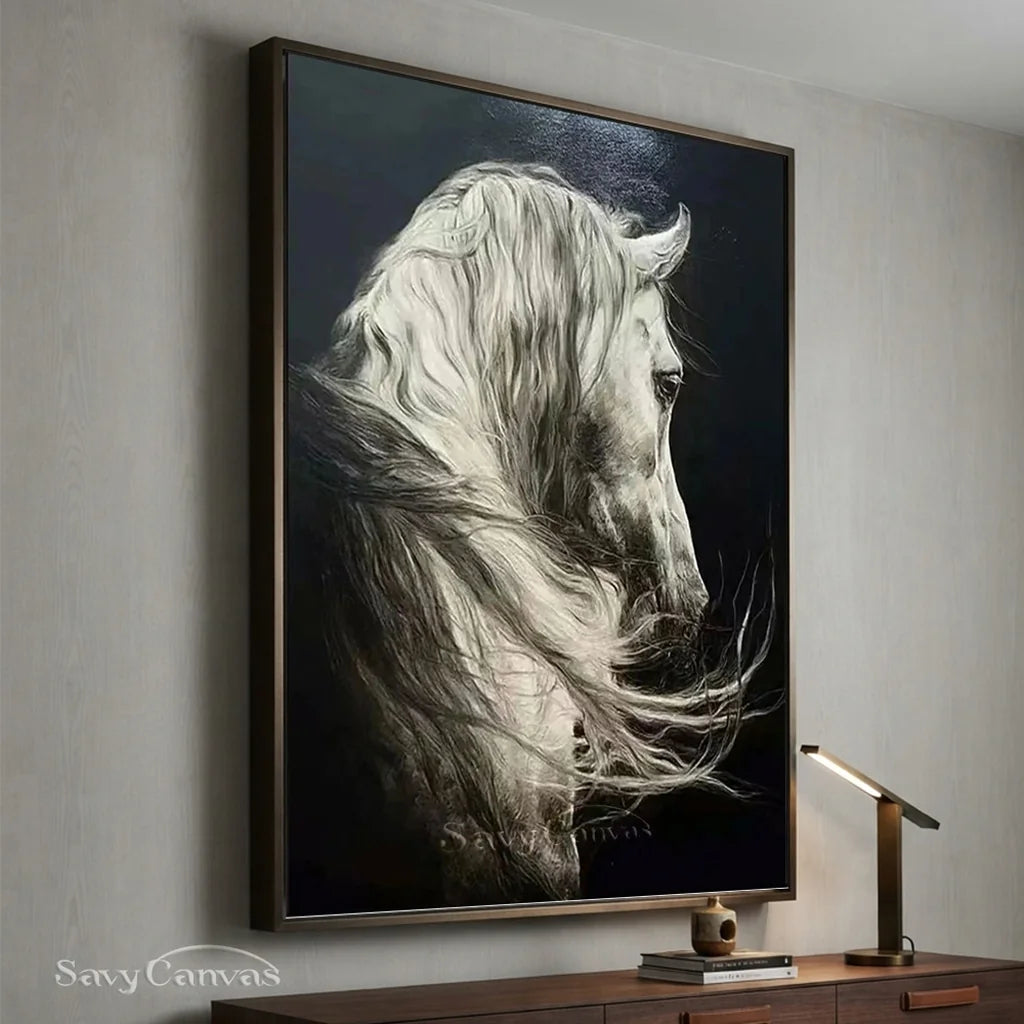 White Horse Oil Painting | Large Black & White Equine Art #ZZ 017