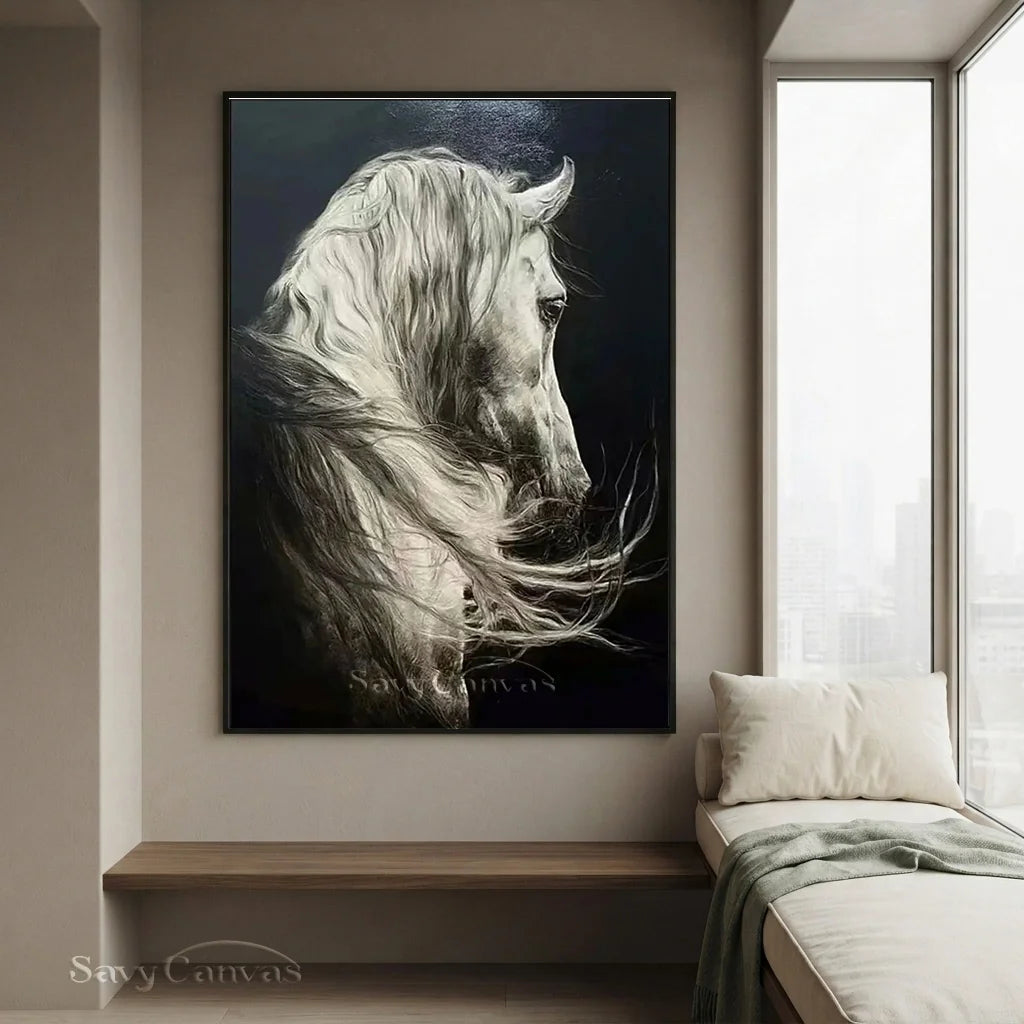 White Horse Oil Painting | Large Black & White Equine Art #ZZ 017