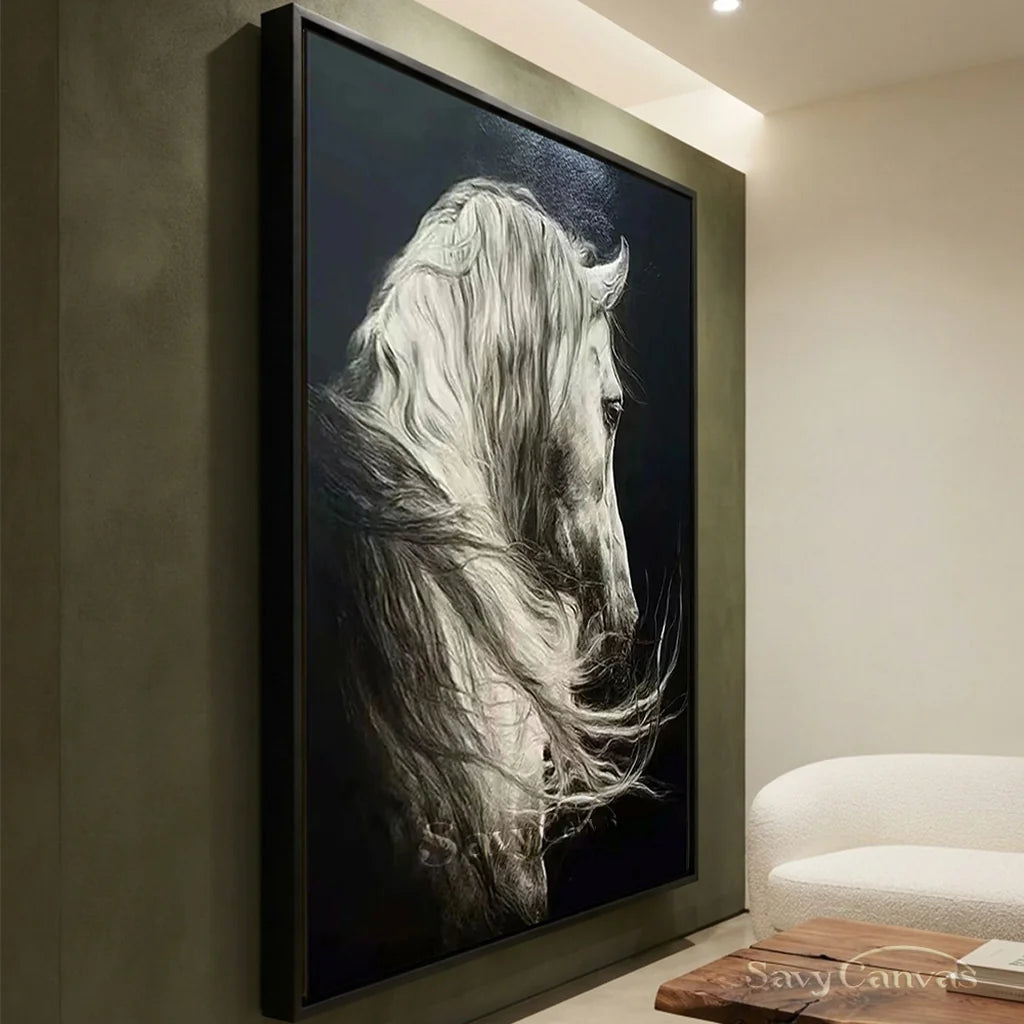 White Horse Oil Painting | Large Black & White Equine Art #ZZ 017