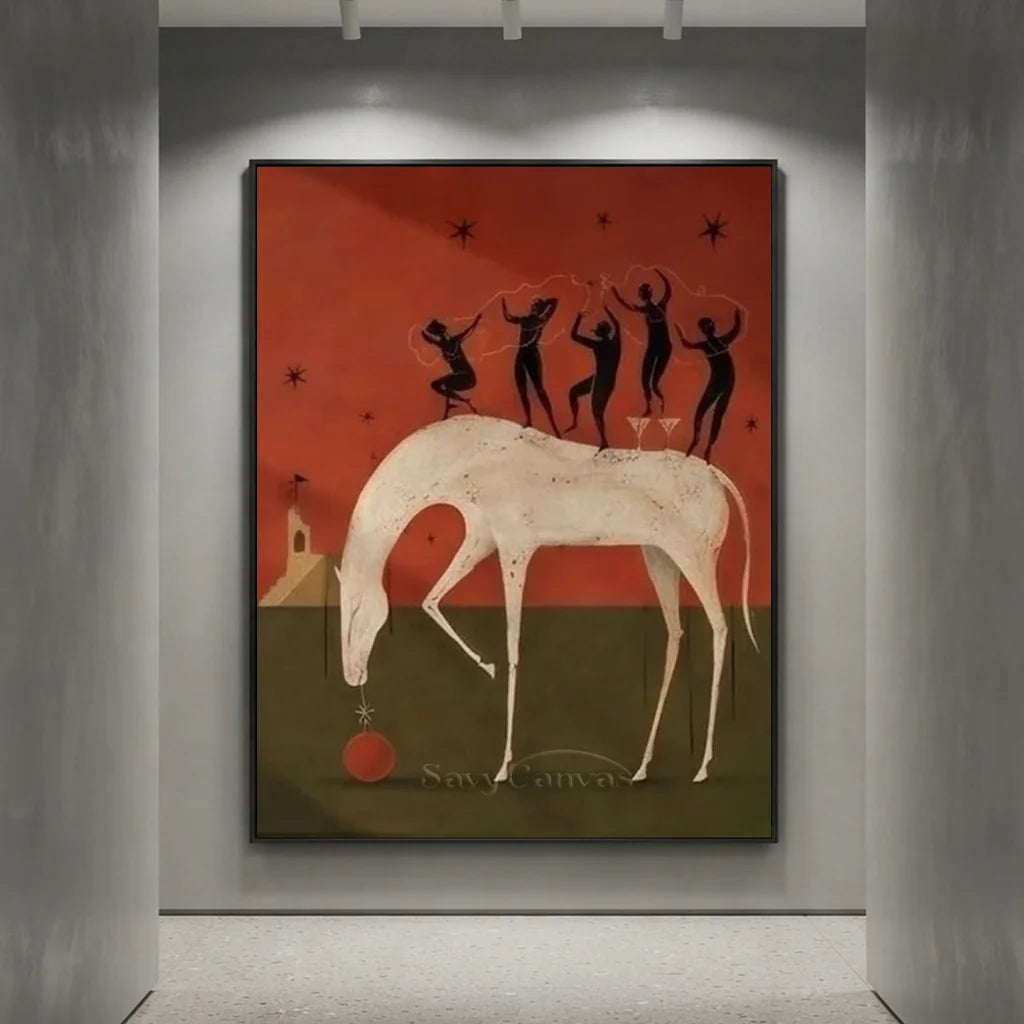 Handcrafted surrealist oil painting in a black frame depicting a white horse with dancing figures under a red starry sky, ideal for home wall decor.