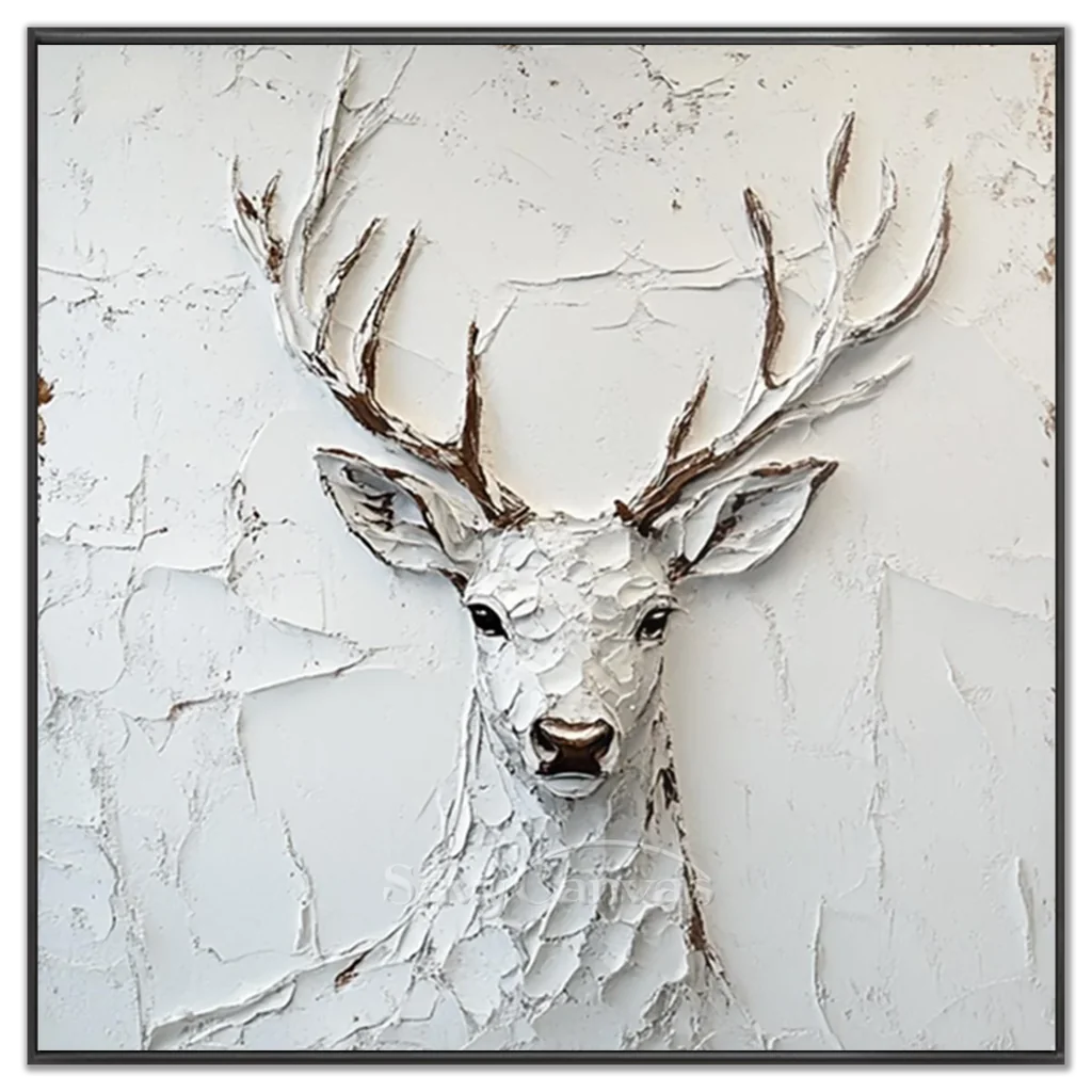 White Plaster Art Deer | Large Textured Stag Painting Decor #ZZ 147