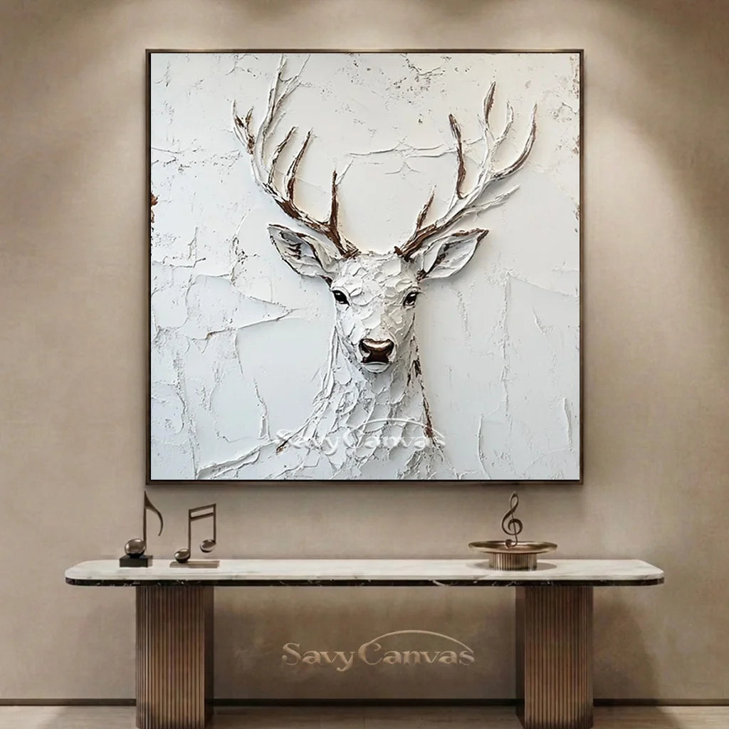 White Plaster Art Deer | Large Textured Stag Painting Decor #ZZ 147