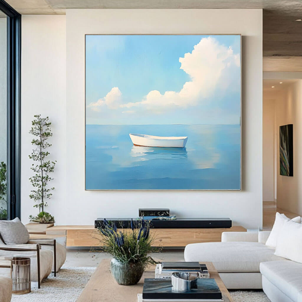 Minimalist Ocean Painting | Modern Blue & White Wall Art