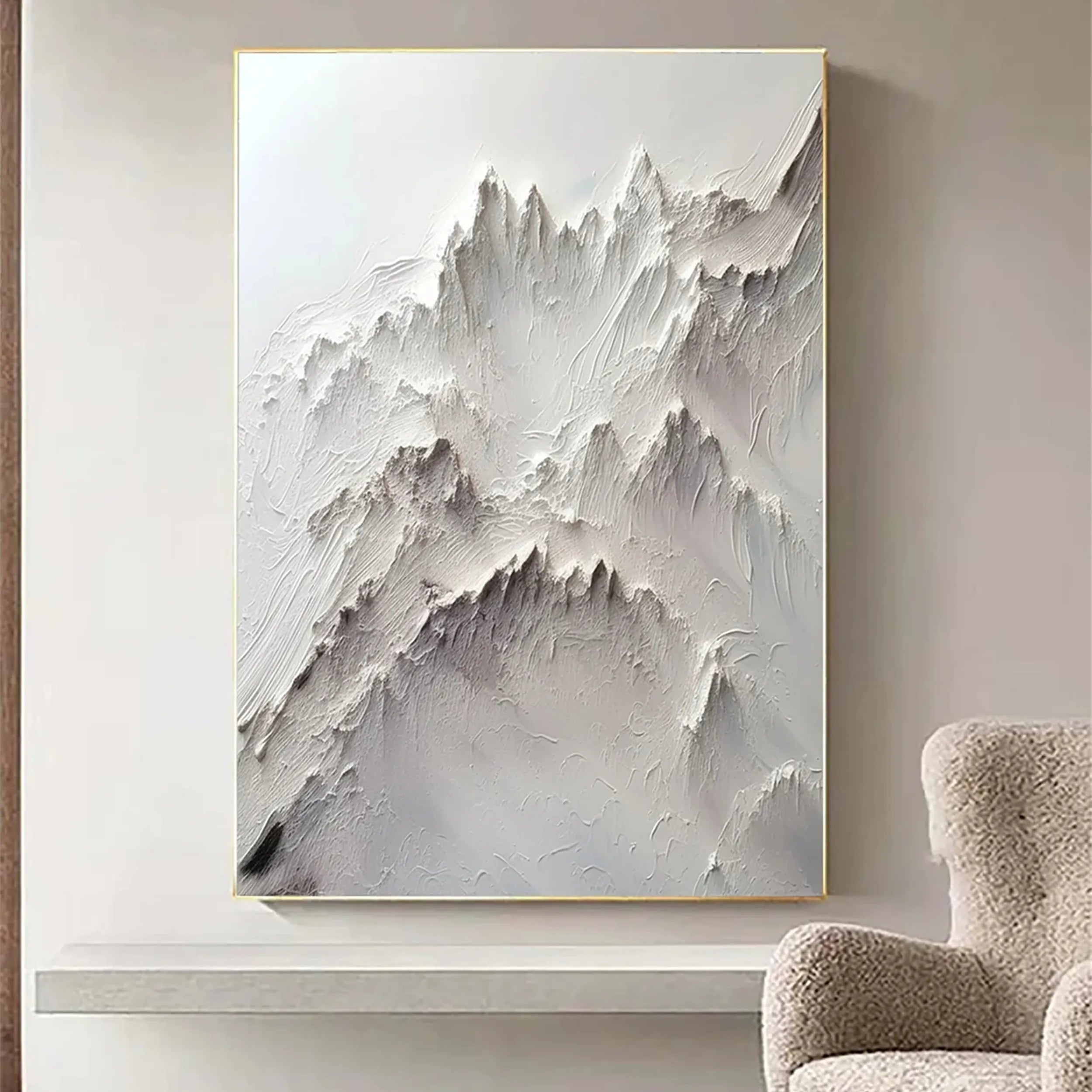  Modern Abstract White Mountain Painting - Large Textured Wall Art