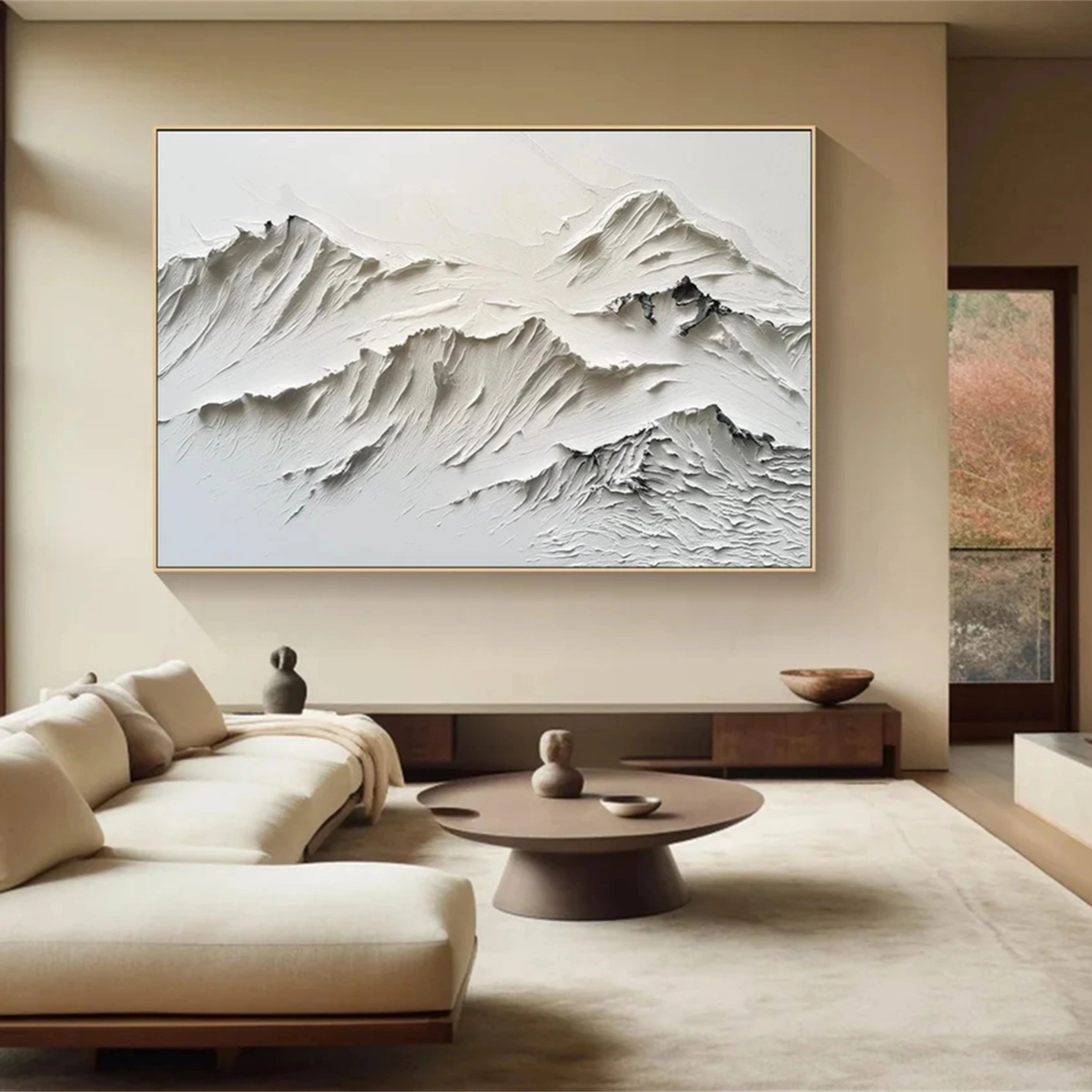 Modern Minimalist White Art – Layered Mountain Textured Canvas #JJ 413