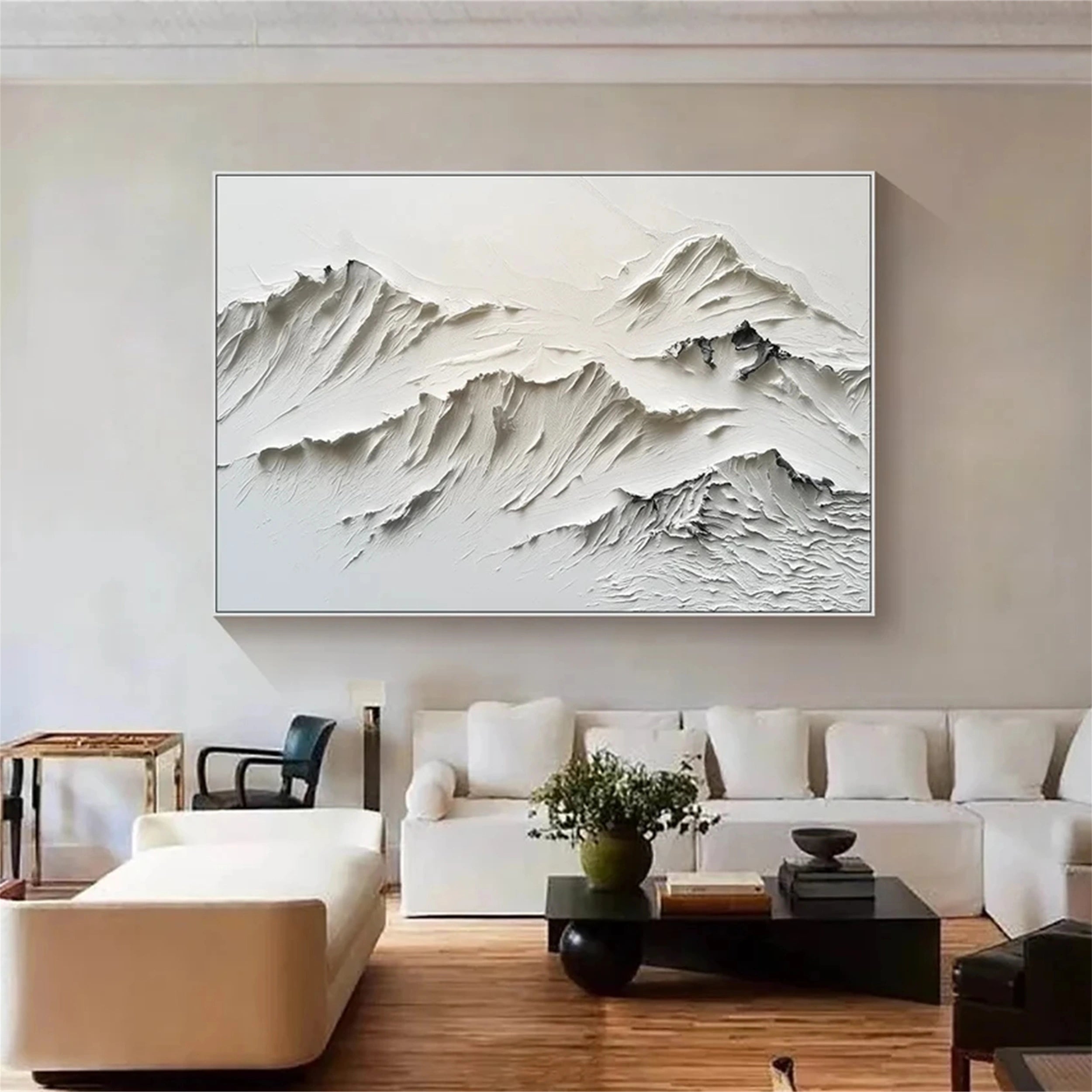 Modern Minimalist White Art – Layered Mountain Textured Canvas #JJ 413