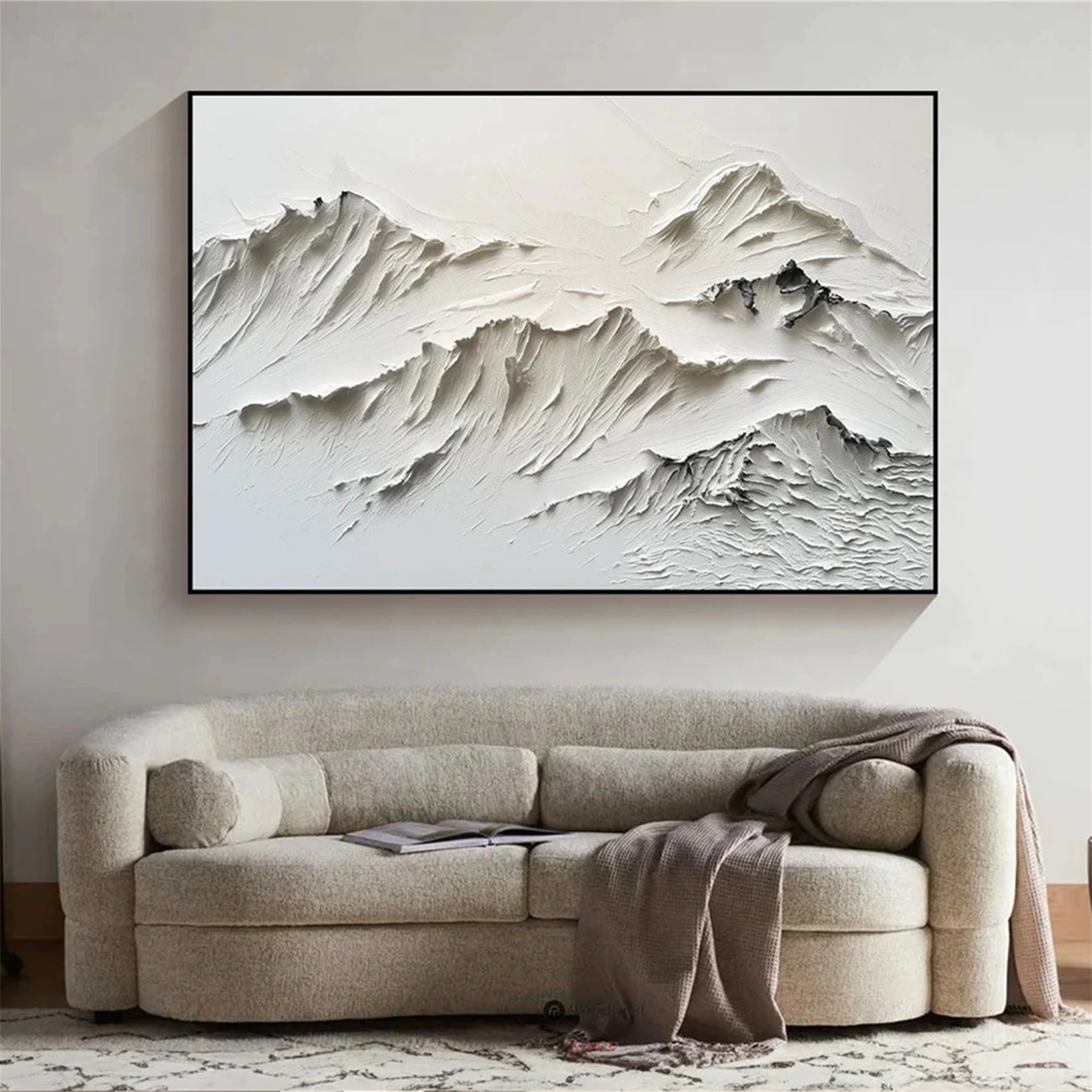 Modern Minimalist White Art – Layered Mountain Textured Canvas #JJ 413