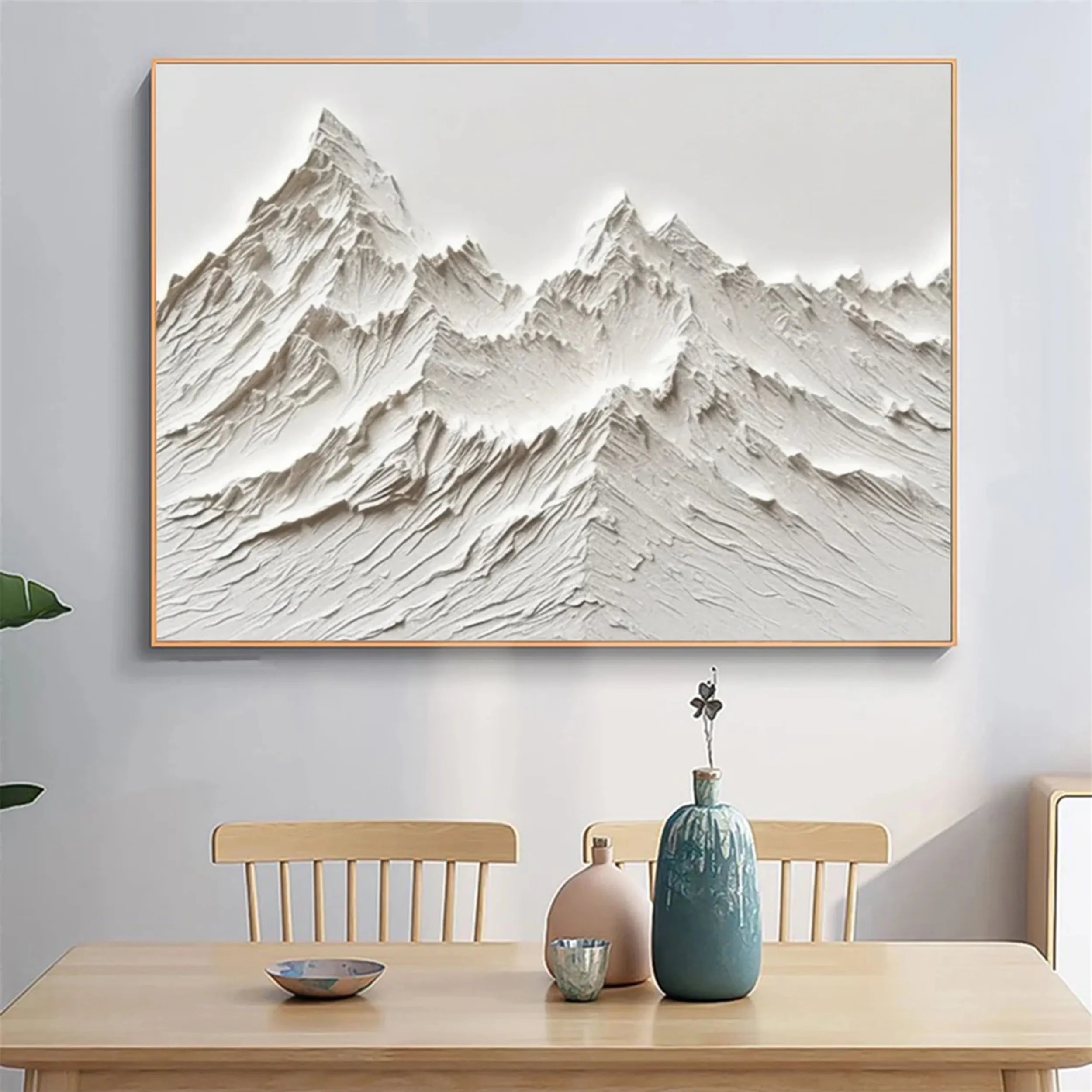 Minimalist Mountain Wall Art – Handmade White Textured Canvas