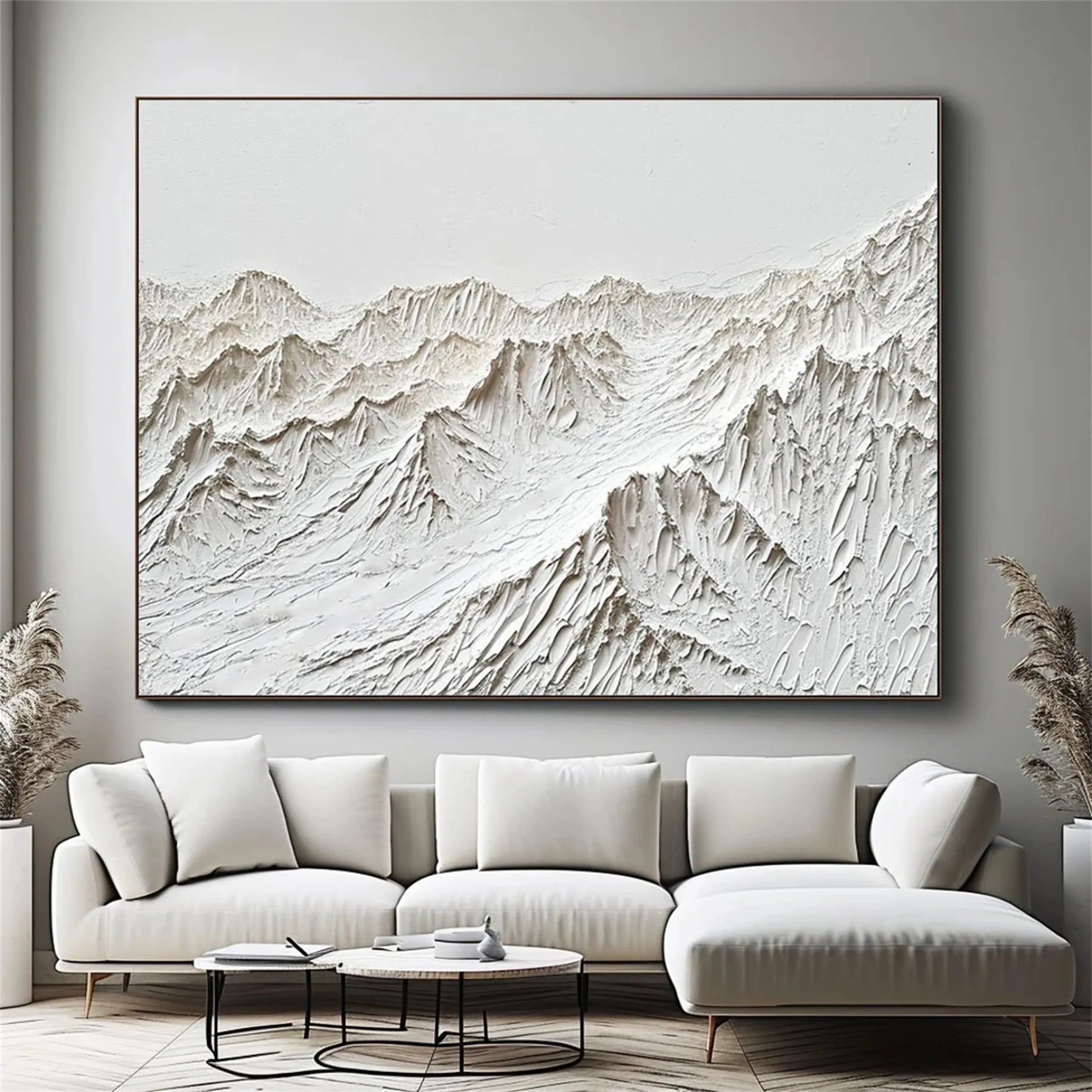 Minimalist Mountain Wall Art – Abstract White Textured Canvas