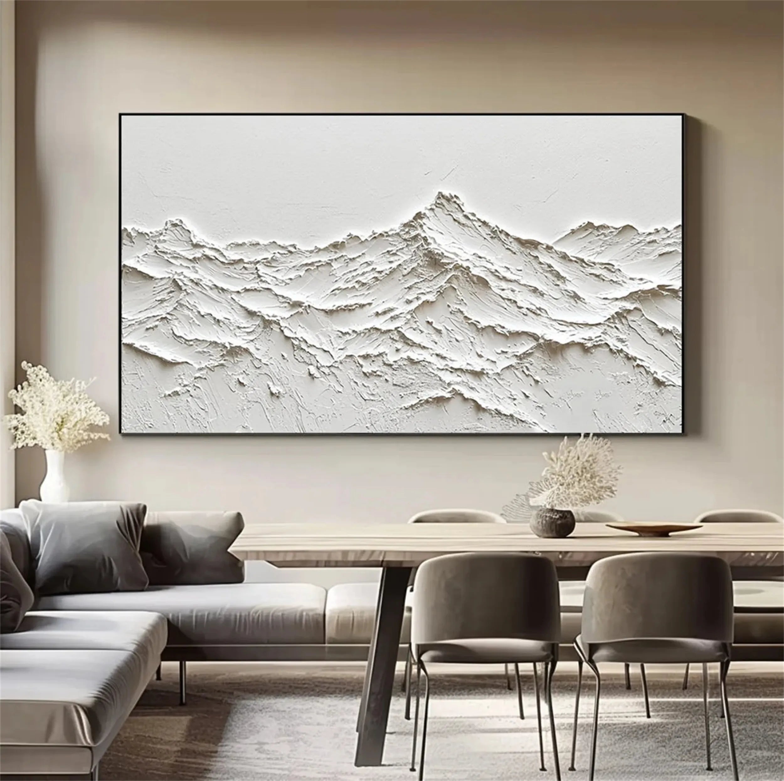 Contemporary White Wall Art – Textured Mountain Canvas Painting