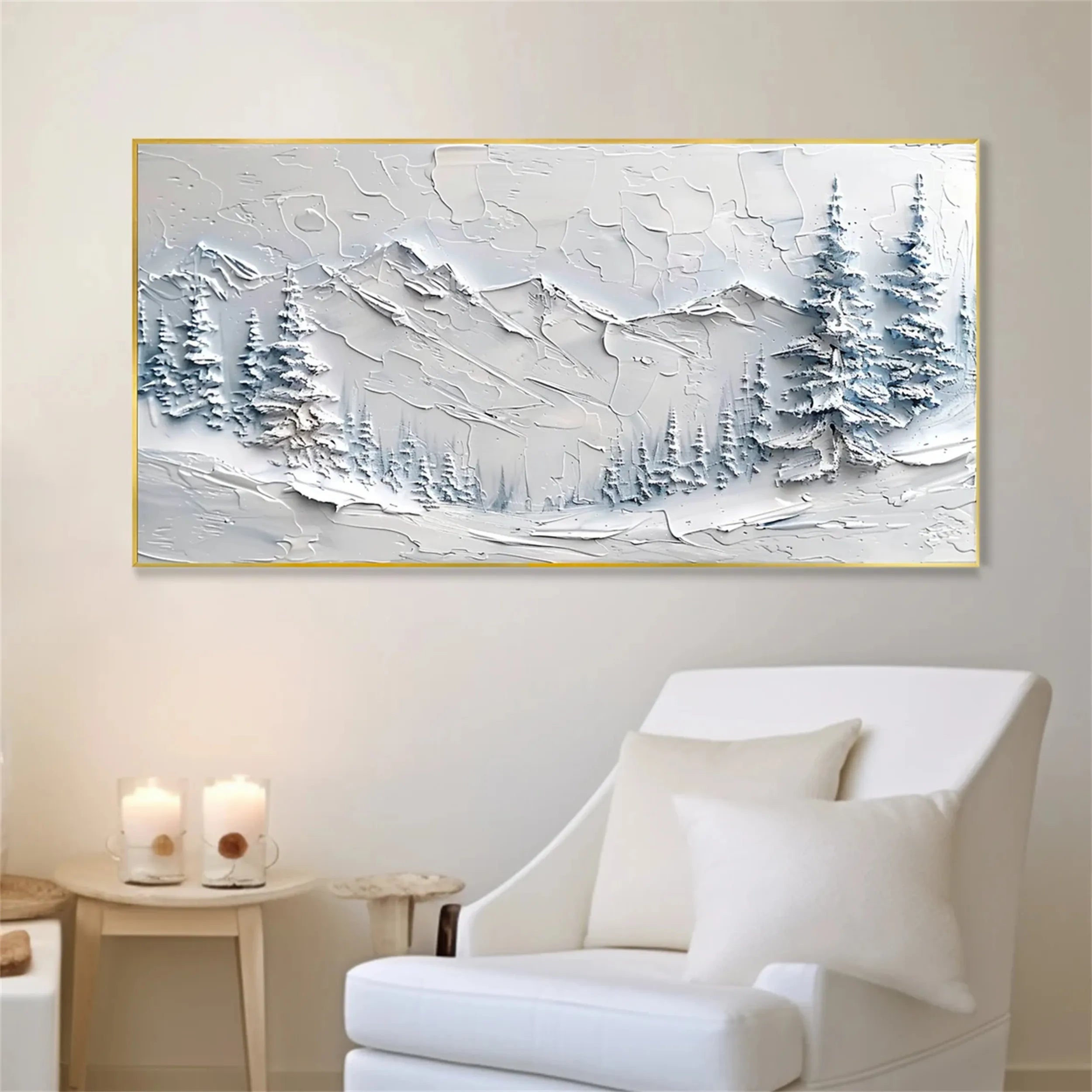 Minimalist White Mountain Textured Oil Painting | Modern Winter Landscape