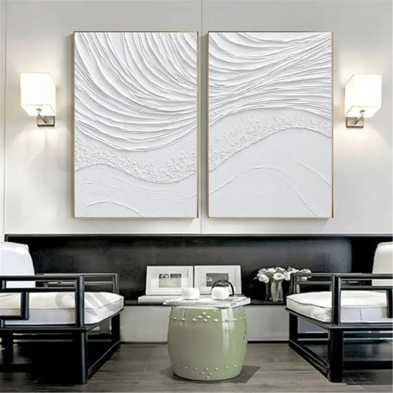 3D Minimalist White Painting Set | Textured Abstract Wall Art Pair