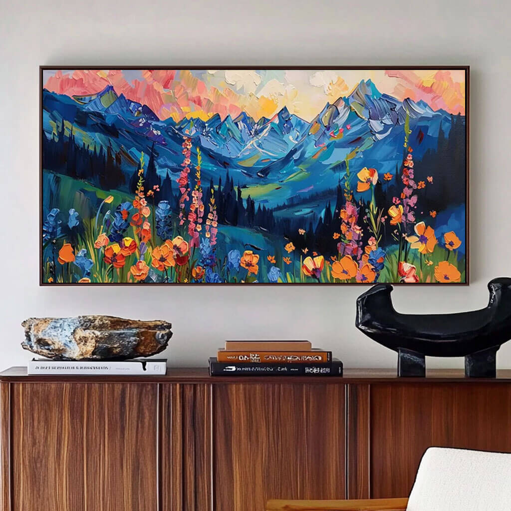 Wildflower Mountain Painting | Vibrant Blue & Orange Art