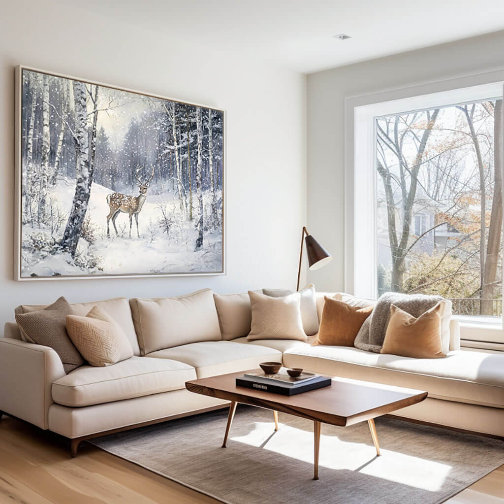 Deer in Snow Painting | Winter Forest Landscape Wall Art #AA 244