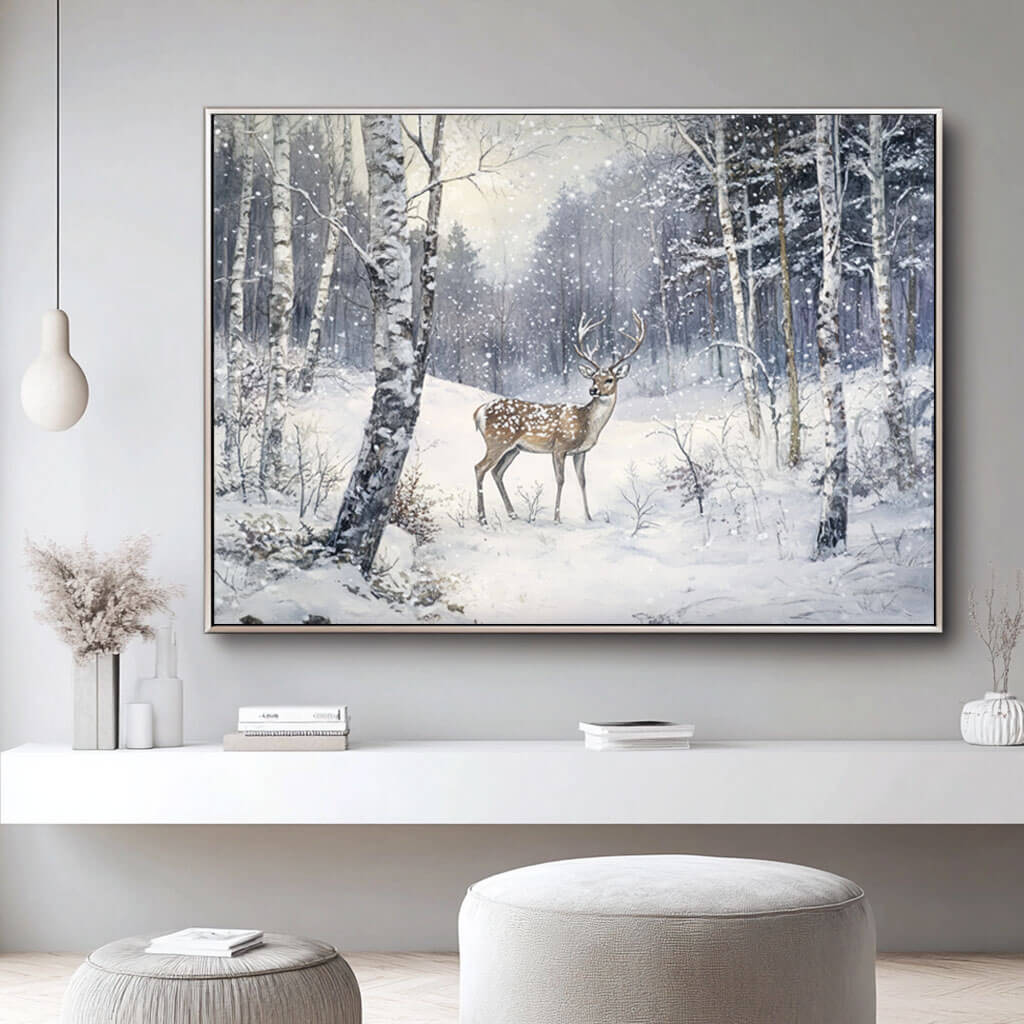 Serene Winter Wonderland Art | Peaceful Deer in Snow Painting